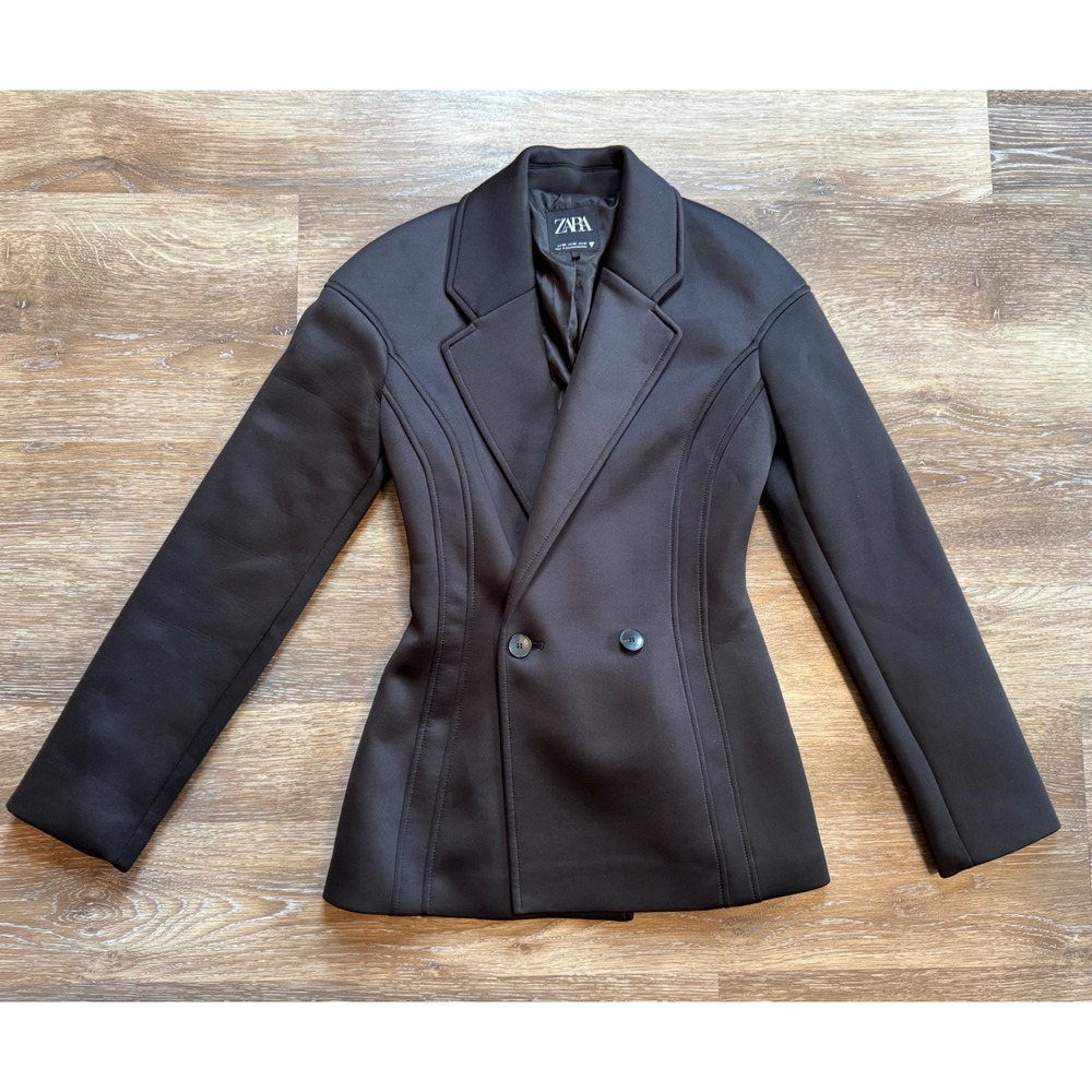 Zara Black Scuba Neoprene Effect Double Breasted Blazer Jacket Womens XS